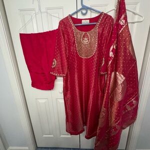 Red Embellished Traditional Salwaar Kameez with tilla work all over in size 23”